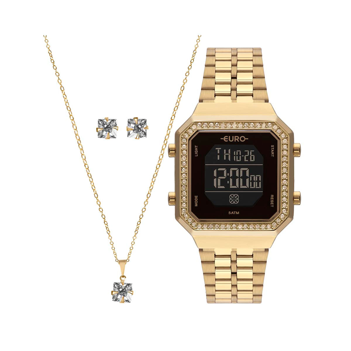 Relógio Euro Feminino Fashion Fit Diamond Dourado Eubjk032ab/K4p + Colar E Brincos