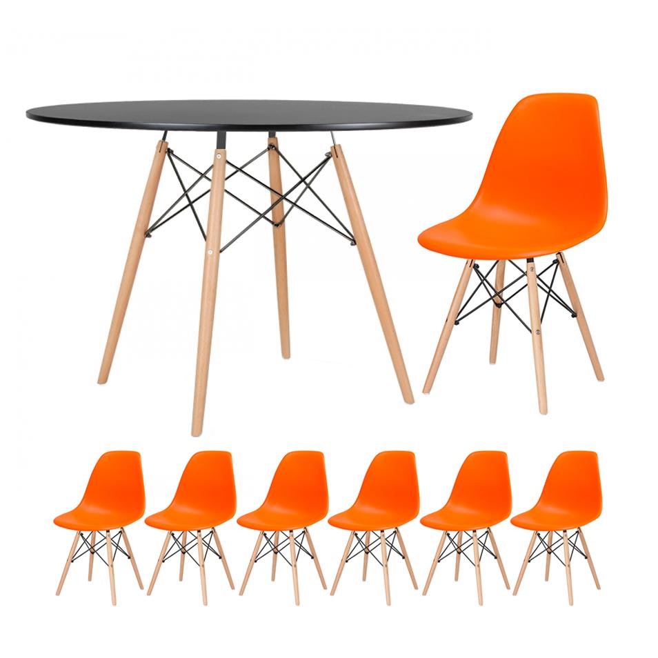 Mesa preto com cadeiras laranja