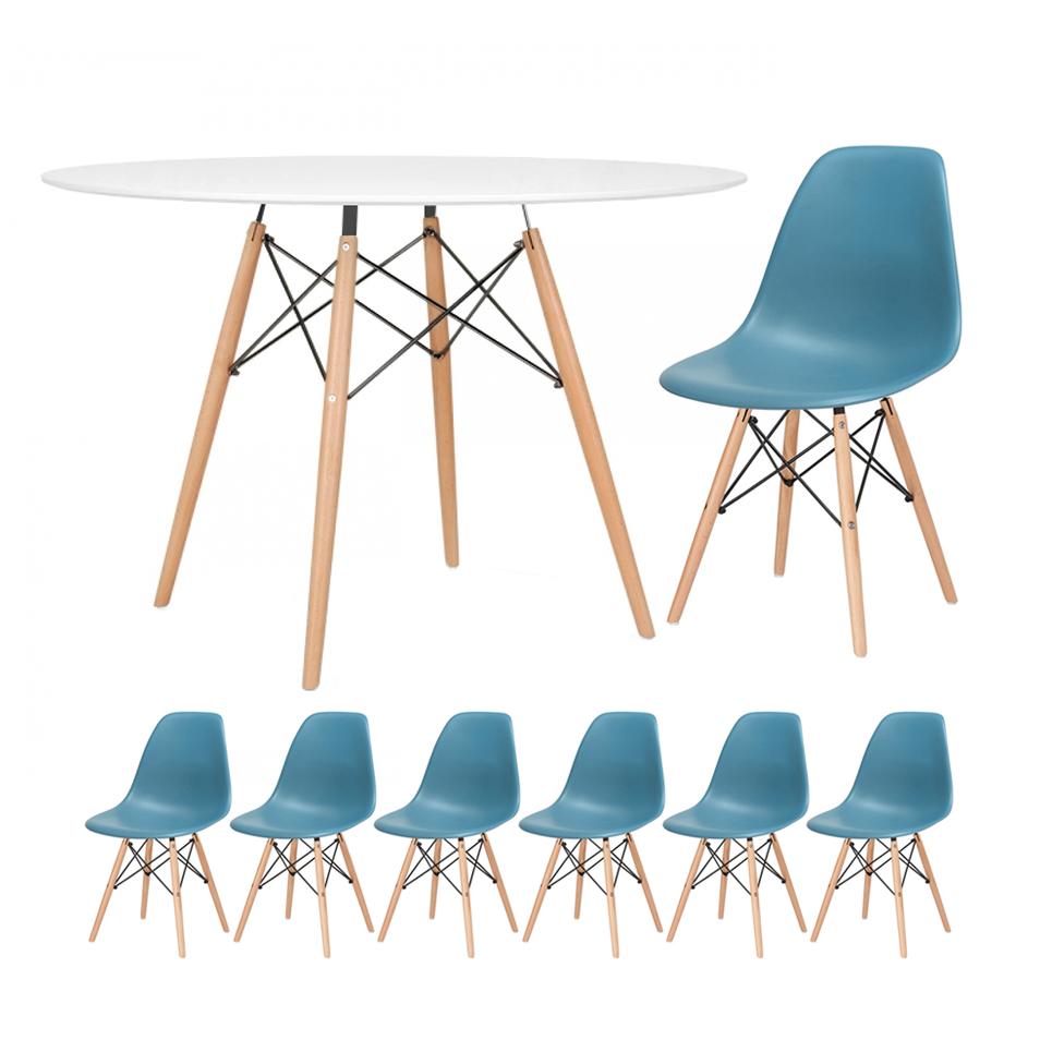 Mesa branco com cadeiras turquesa