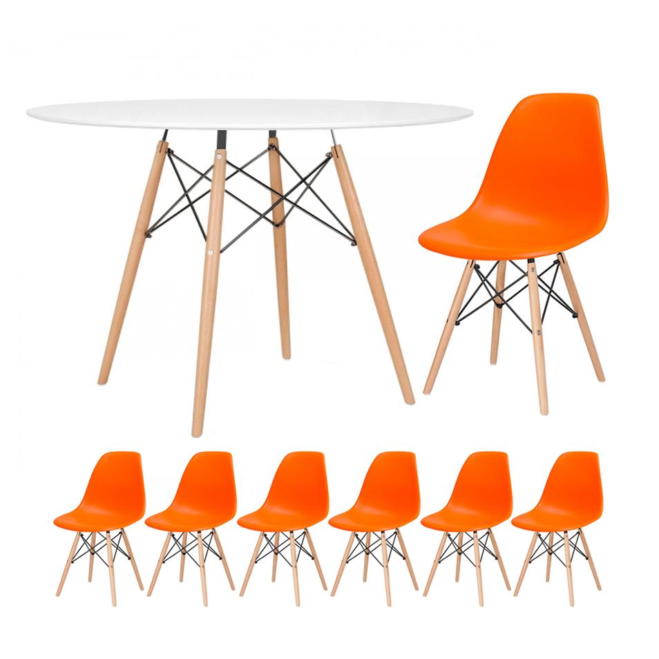 Mesa branco com cadeiras laranja
