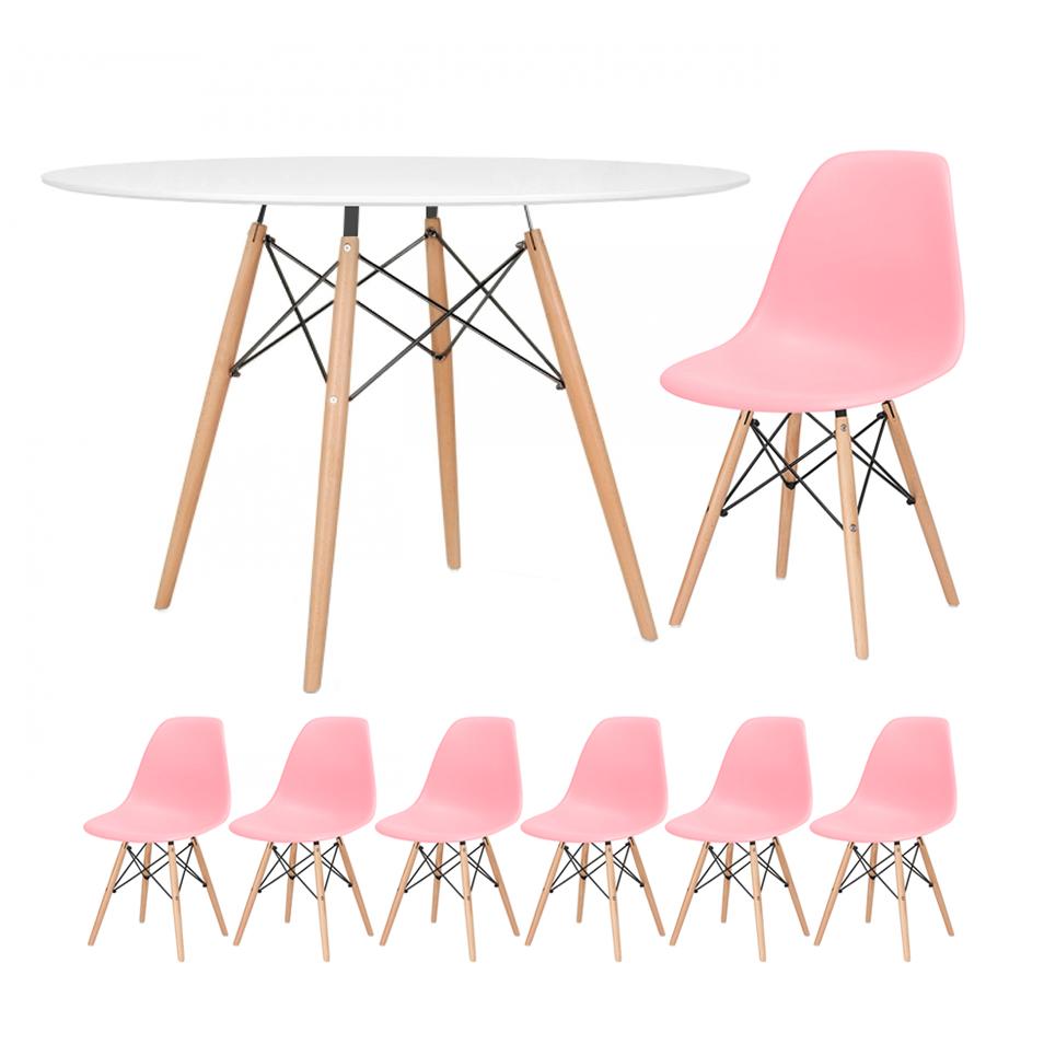 Mesa branco com cadeiras rosa