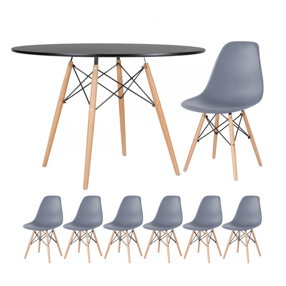 Mesa preto com cadeiras cinza escuro