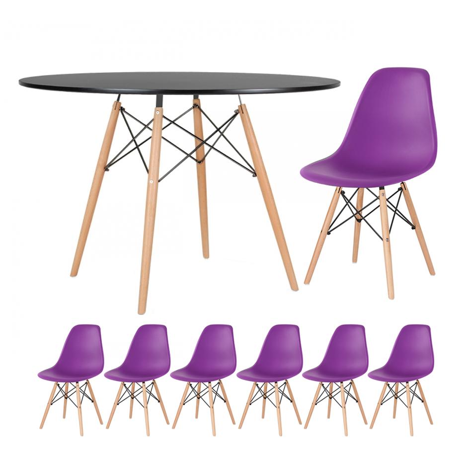 Mesa preto com cadeiras roxo