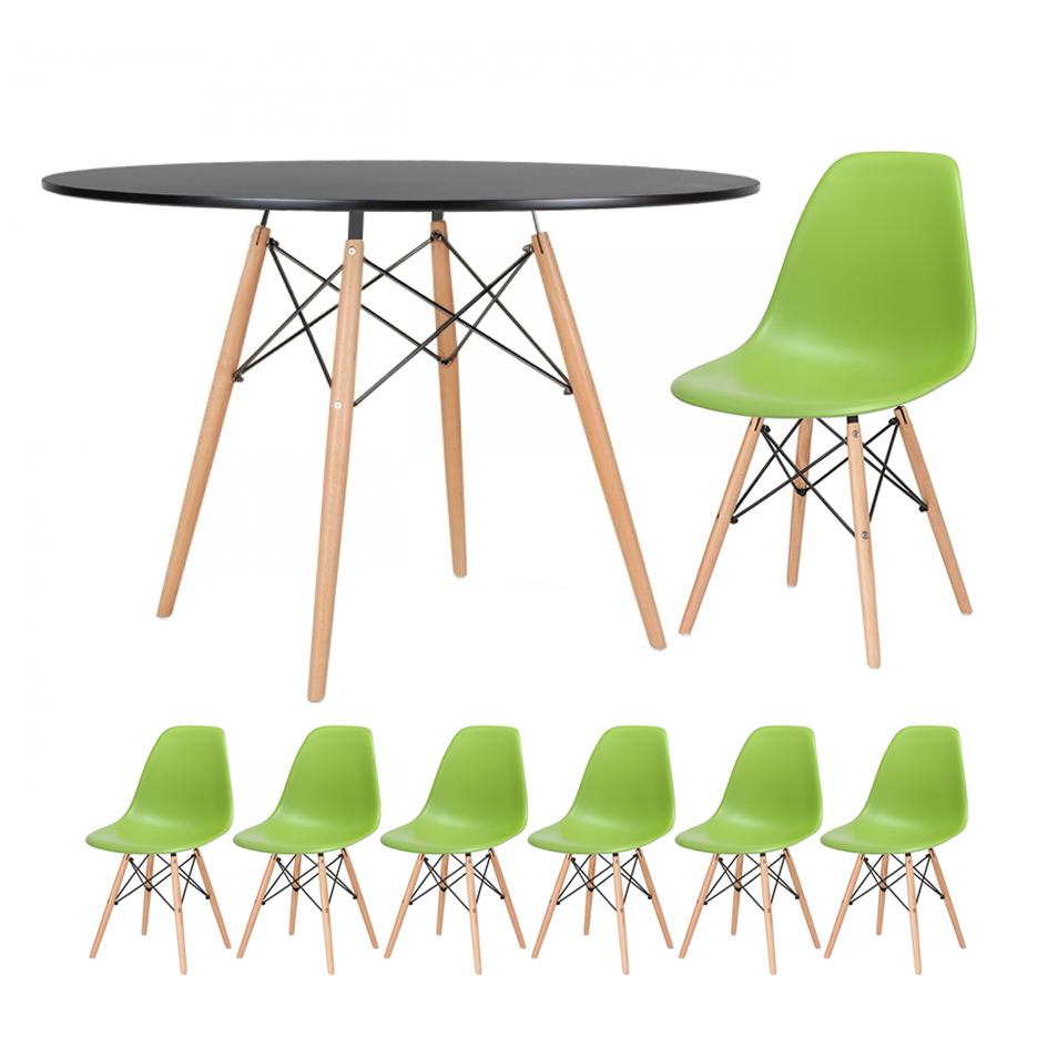 Mesa preto com cadeiras verde claro