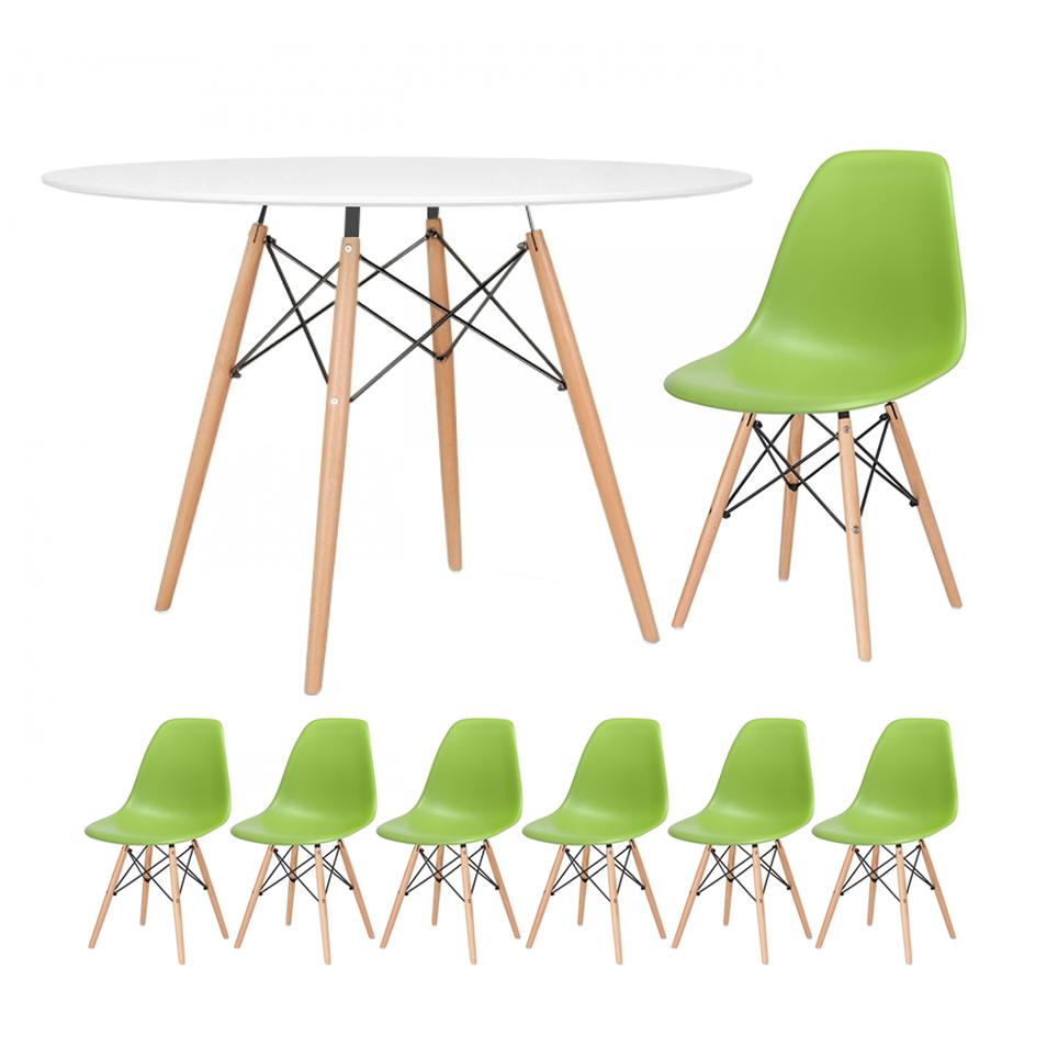 Mesa branco com cadeiras verde claro