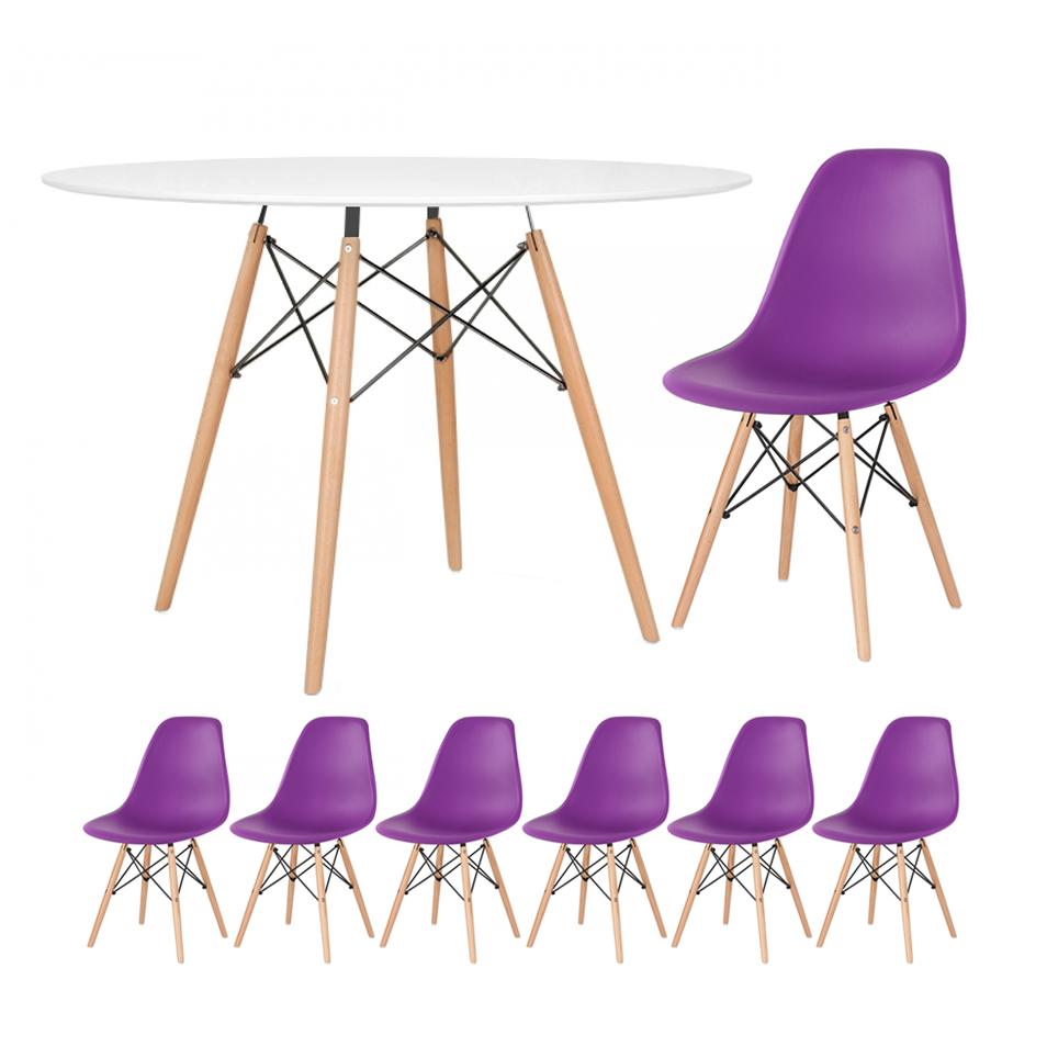 Mesa branco com cadeiras roxo