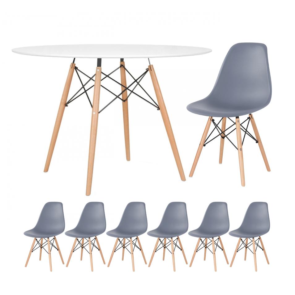 Mesa branco com cadeiras cinza escuro