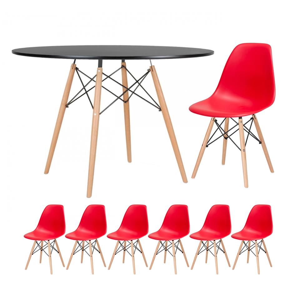 Mesa preto com cadeiras vermelho