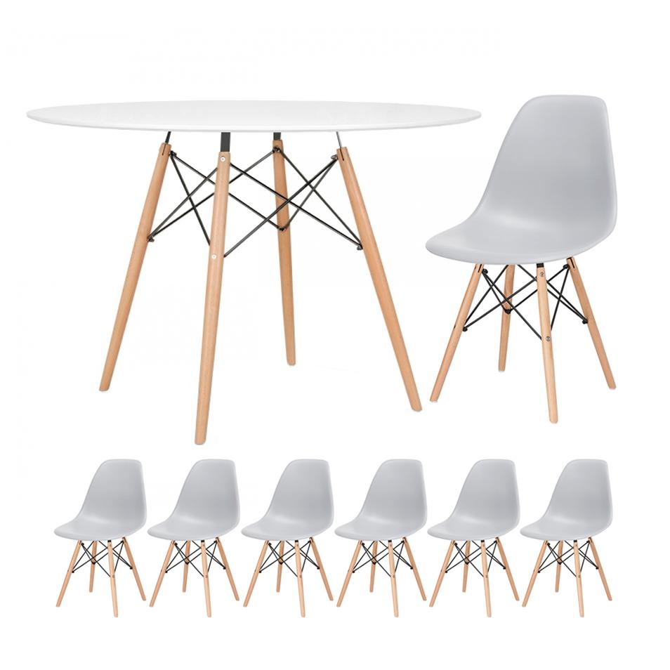 Mesa branco com cadeiras cinza claro