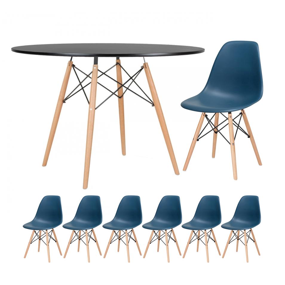Mesa preto com cadeiras azul petróleo