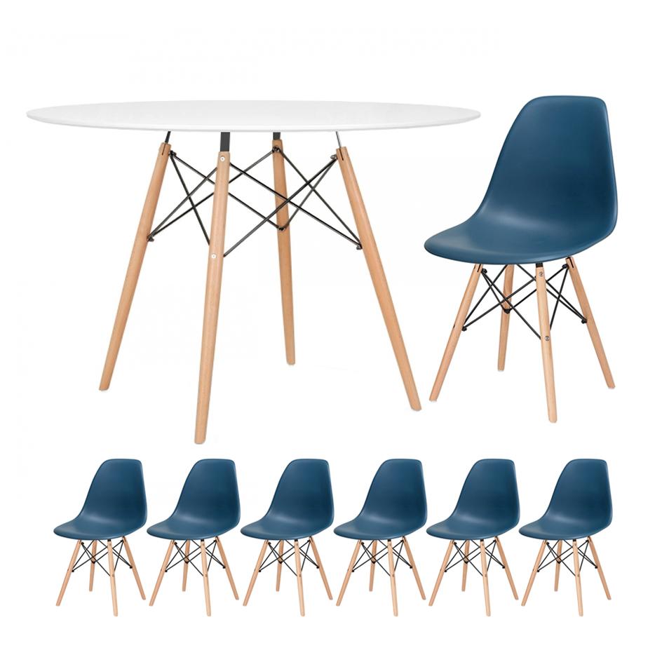 Mesa branco com cadeiras azul petróleo