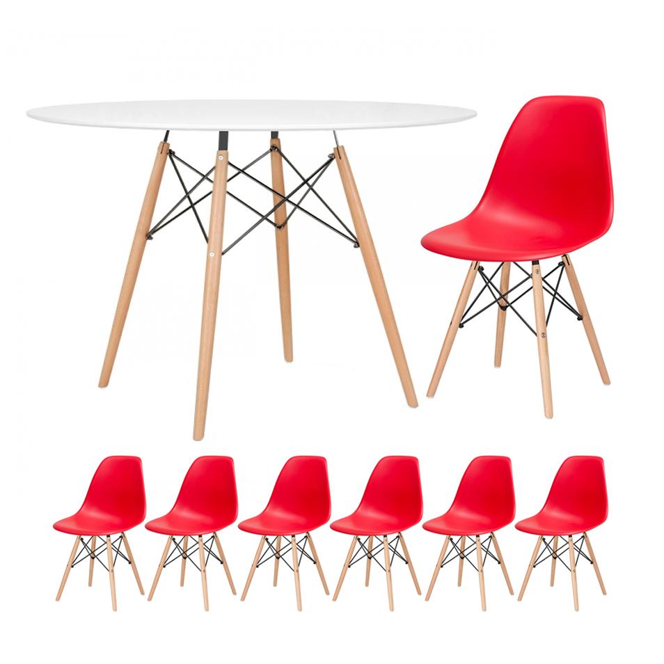 Mesa branco com cadeiras vermelho