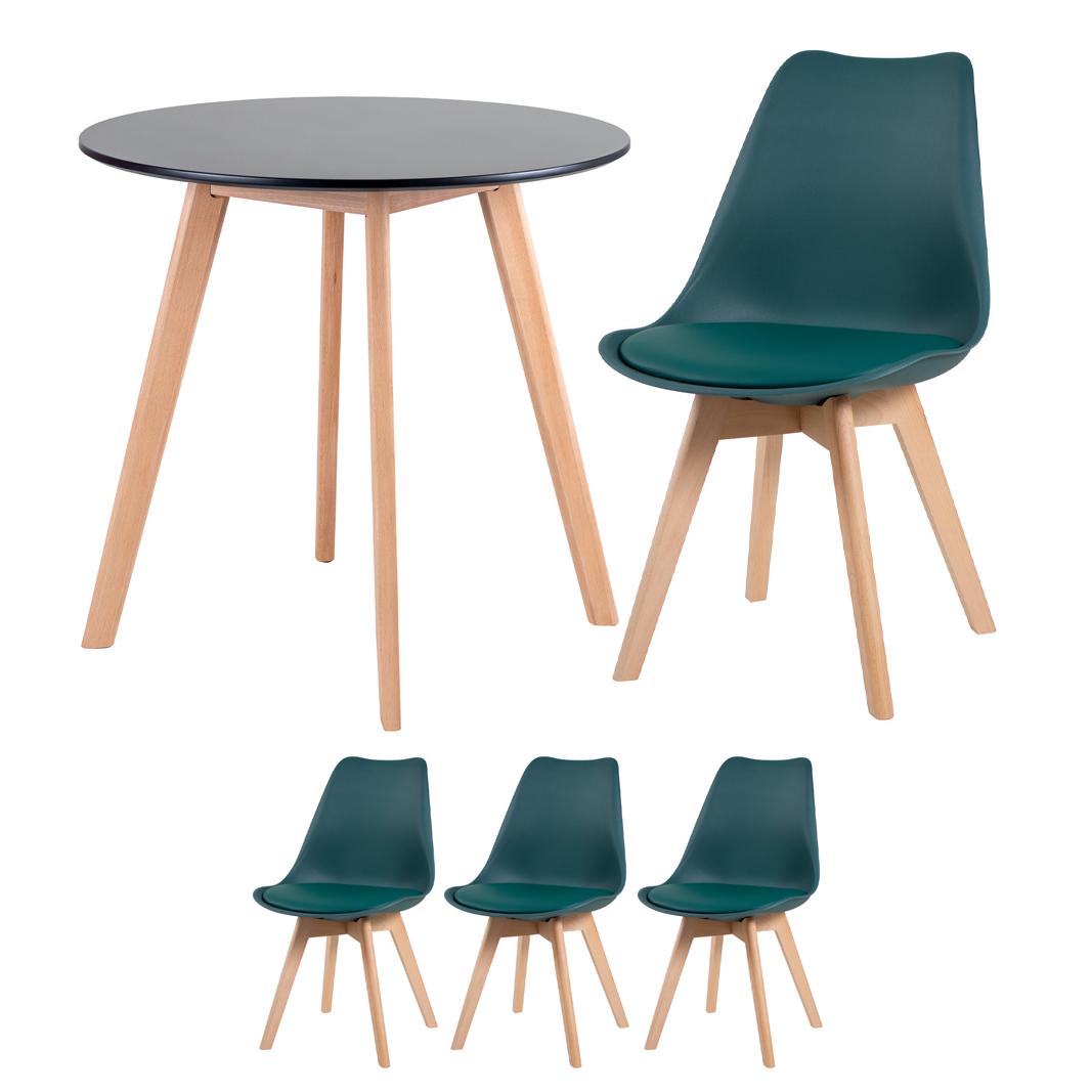 Mesa preto com cadeiras verde escuro