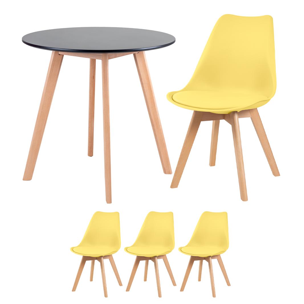 Mesa preto com cadeiras amarelo