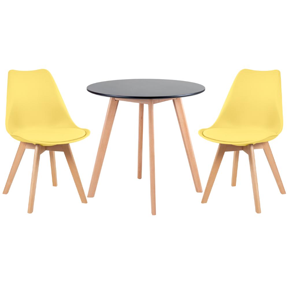 Mesa preto com cadeiras amarelo