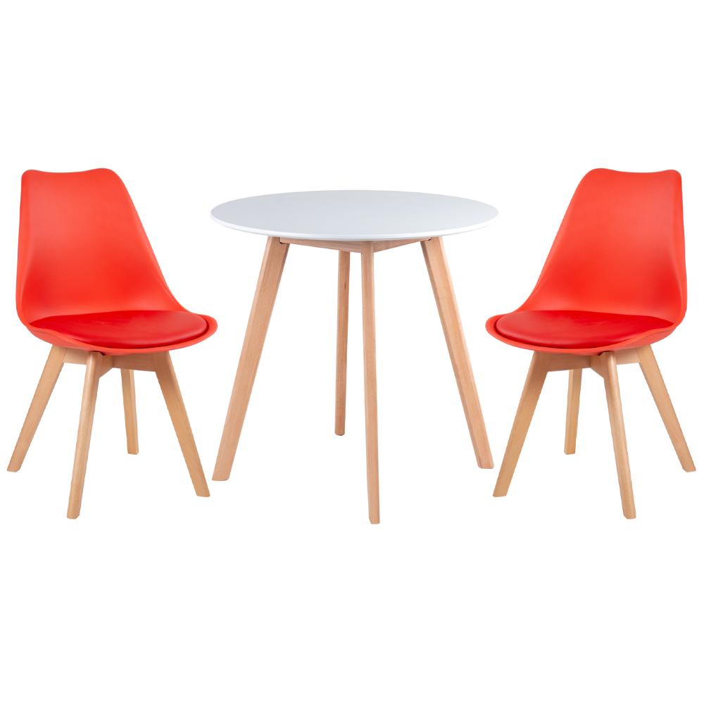 Mesa branco com cadeiras vermelho