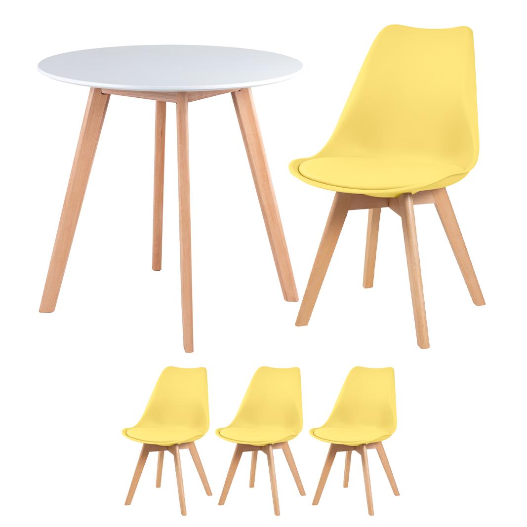 Mesa branco com cadeiras amarelo