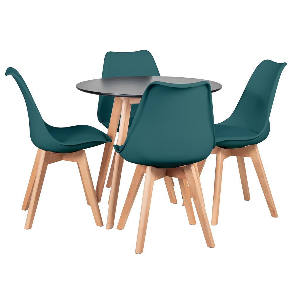 Mesa preto com cadeiras verde escuro