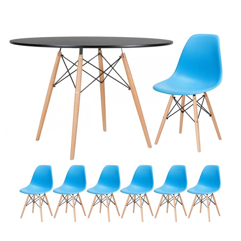 Mesa preto com cadeiras azul céu