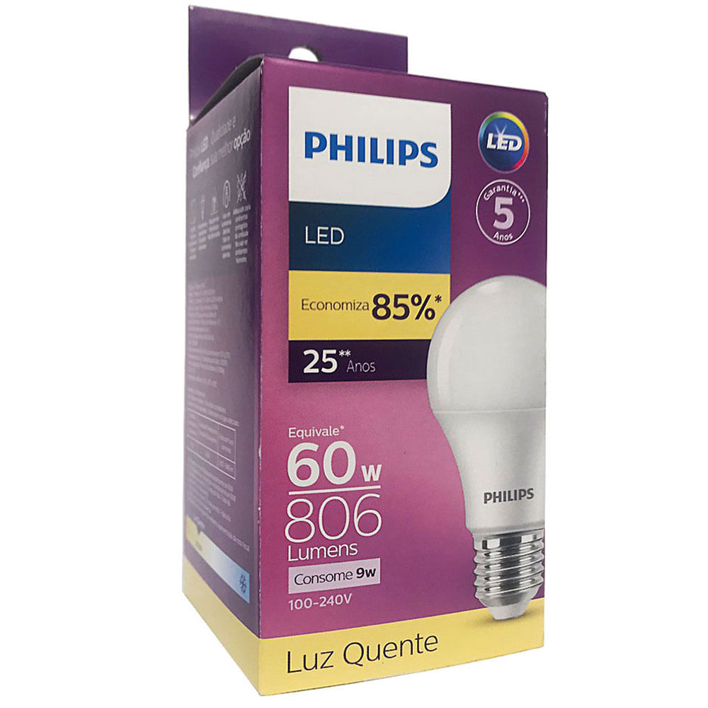 12 Lâmpadas Led Philips Bulbo 9W Branco Quente Bivolt 806Lm Equivale 60W