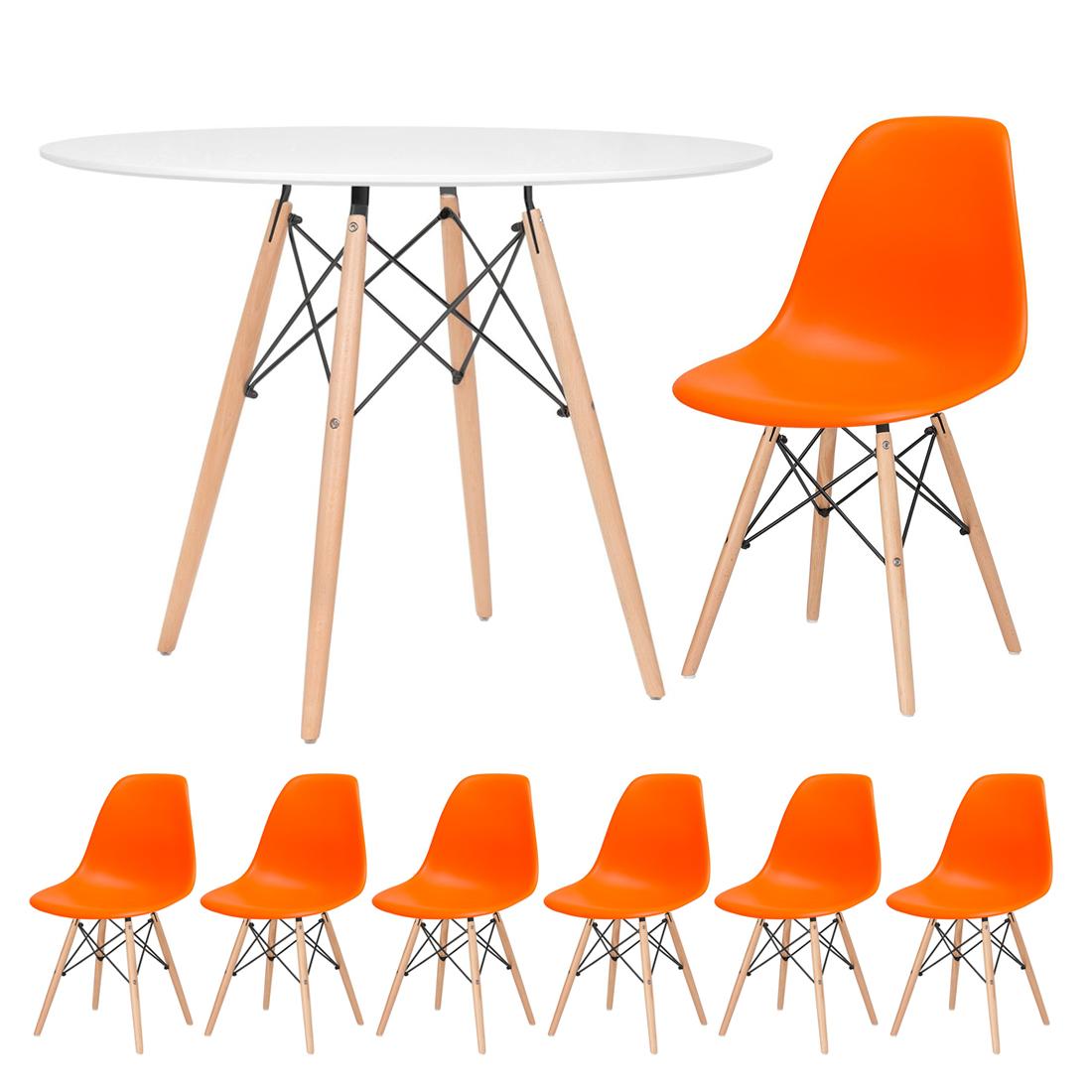 Mesa branco com cadeiras laranja