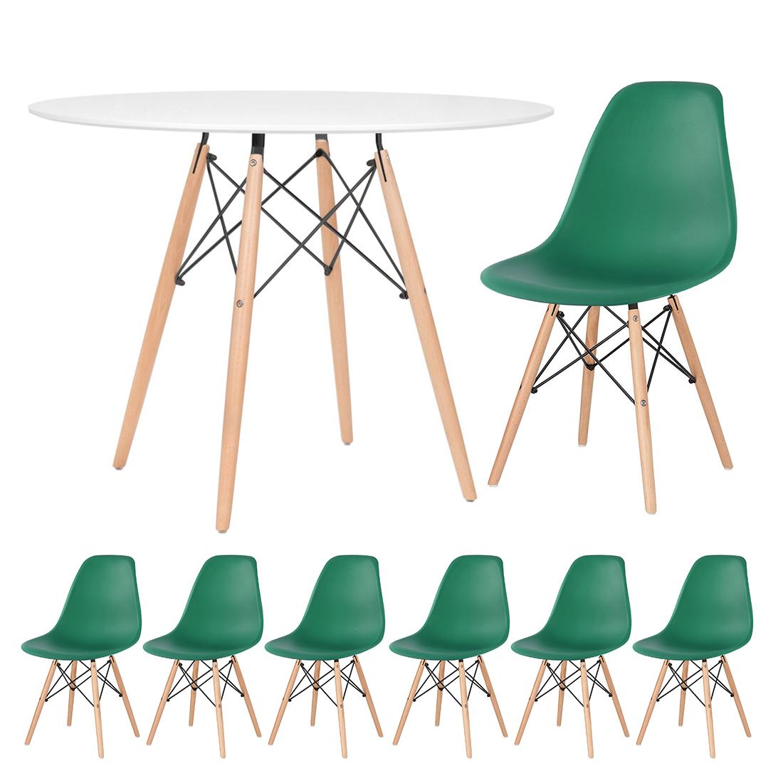 Mesa branco com cadeiras verde escuro