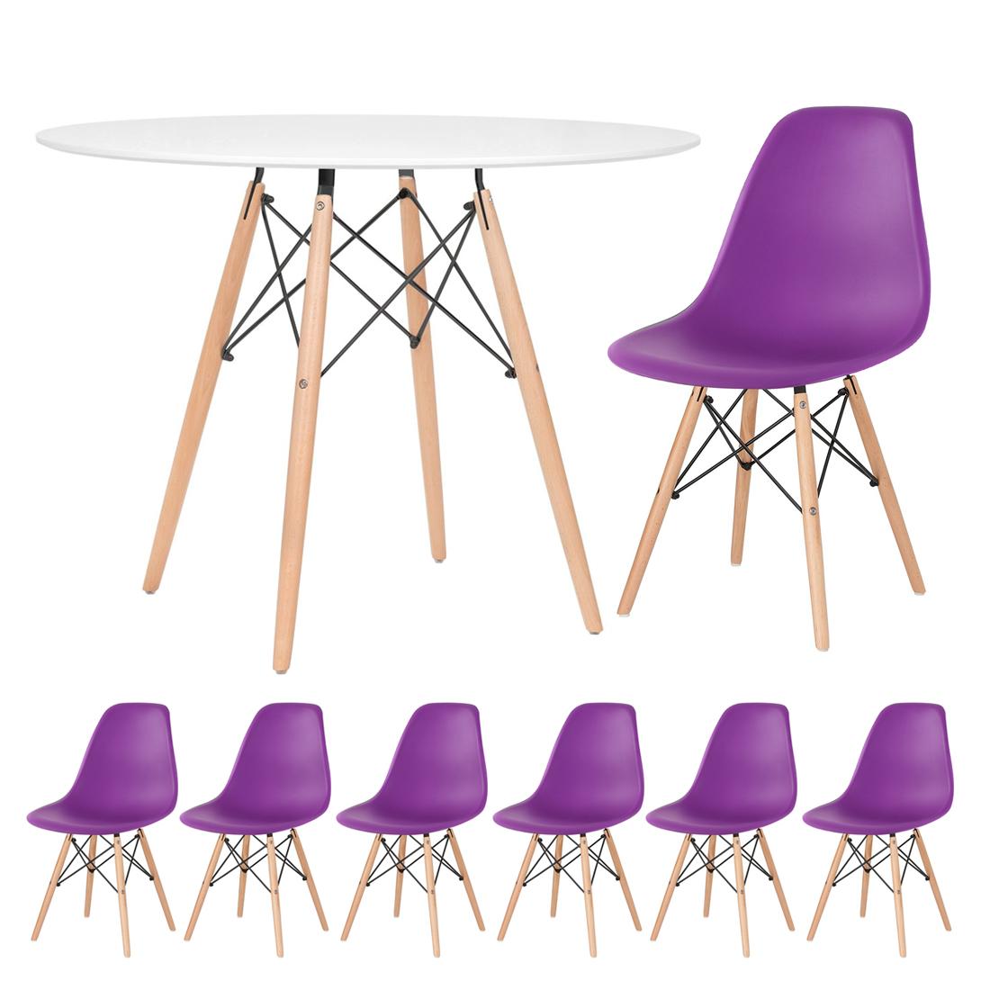Mesa branco com cadeiras roxo