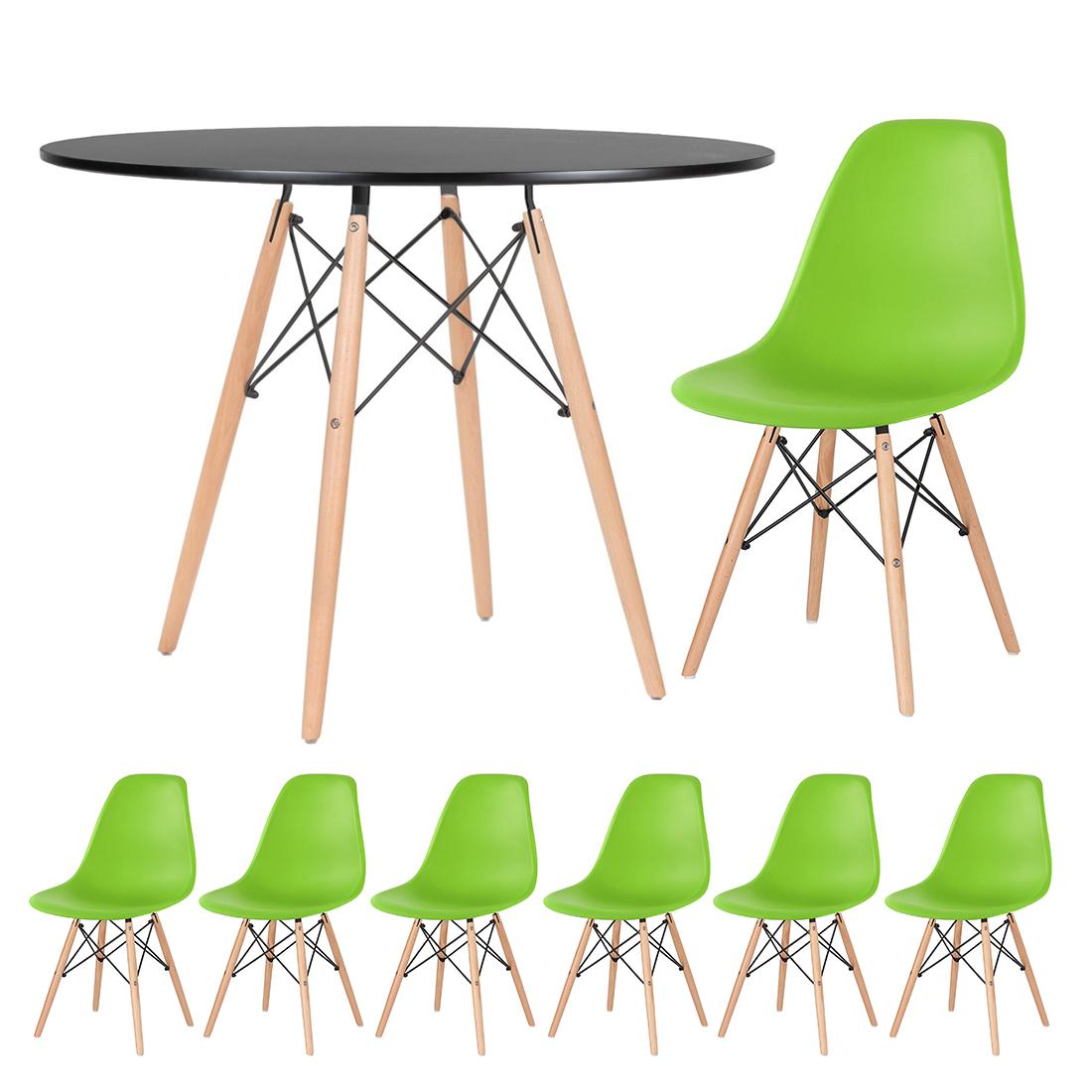 Mesa preto com cadeiras verde claro