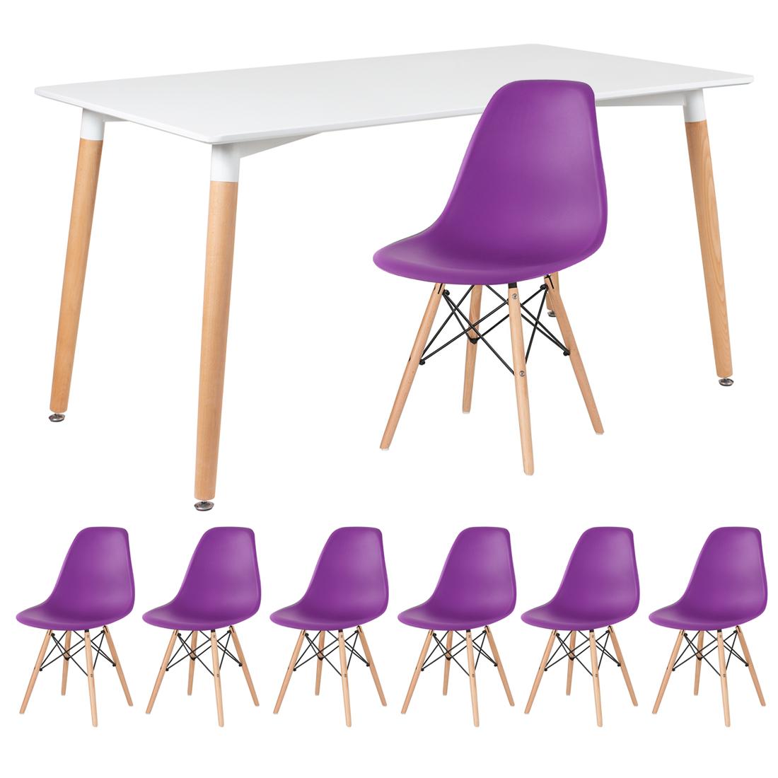 Mesa branco com cadeiras roxo
