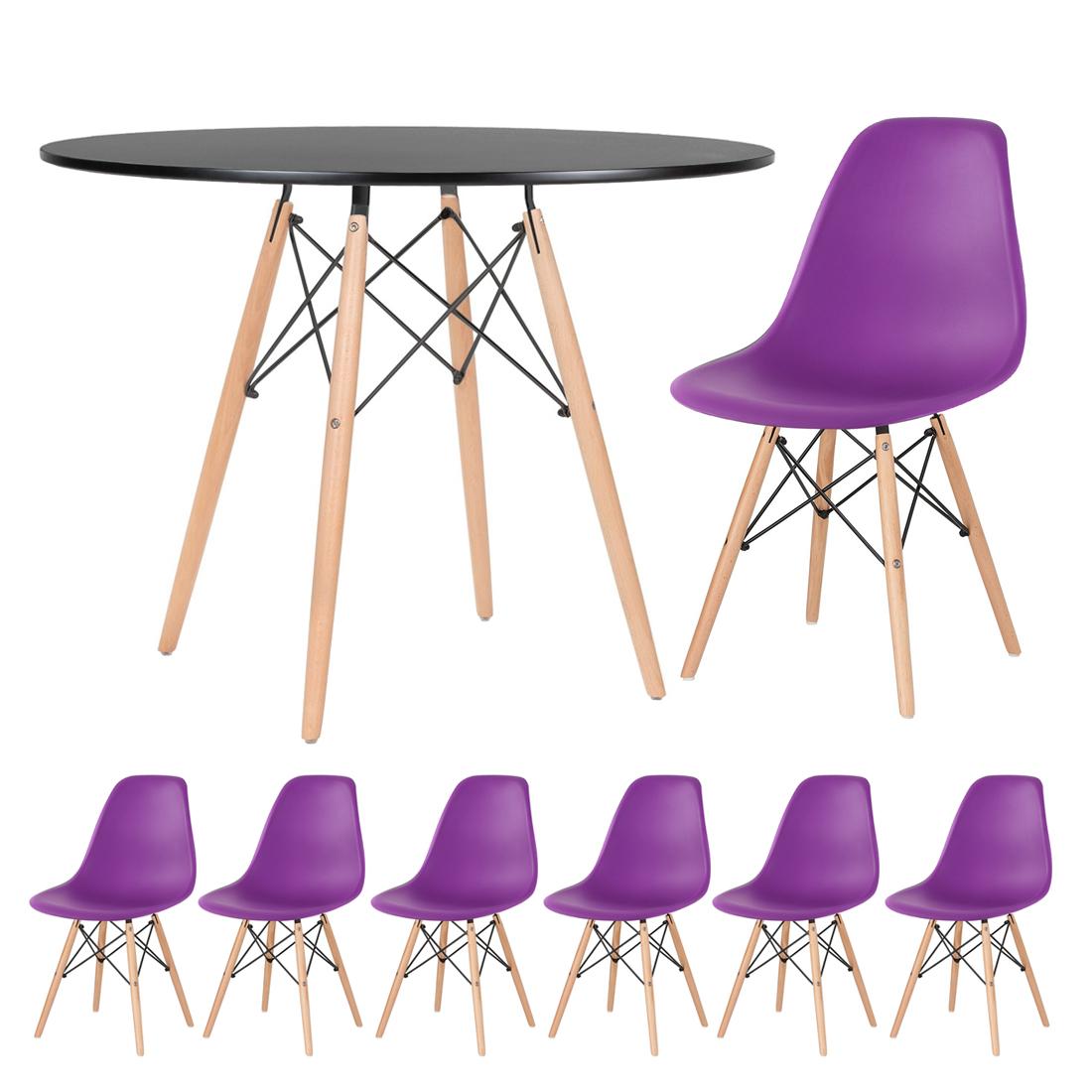 Mesa preto com cadeiras roxo