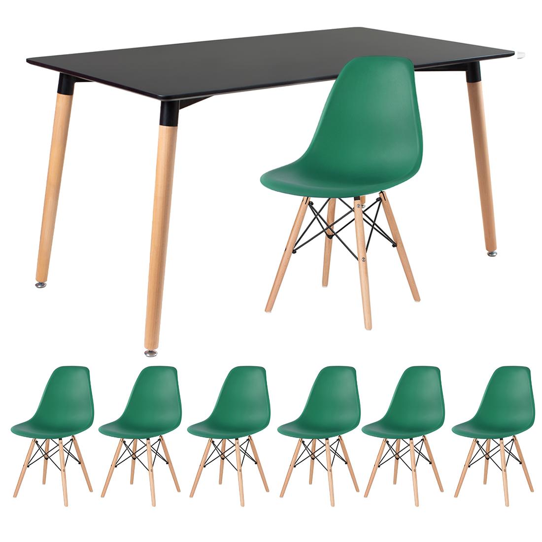 Mesa preto com cadeiras verde escuro