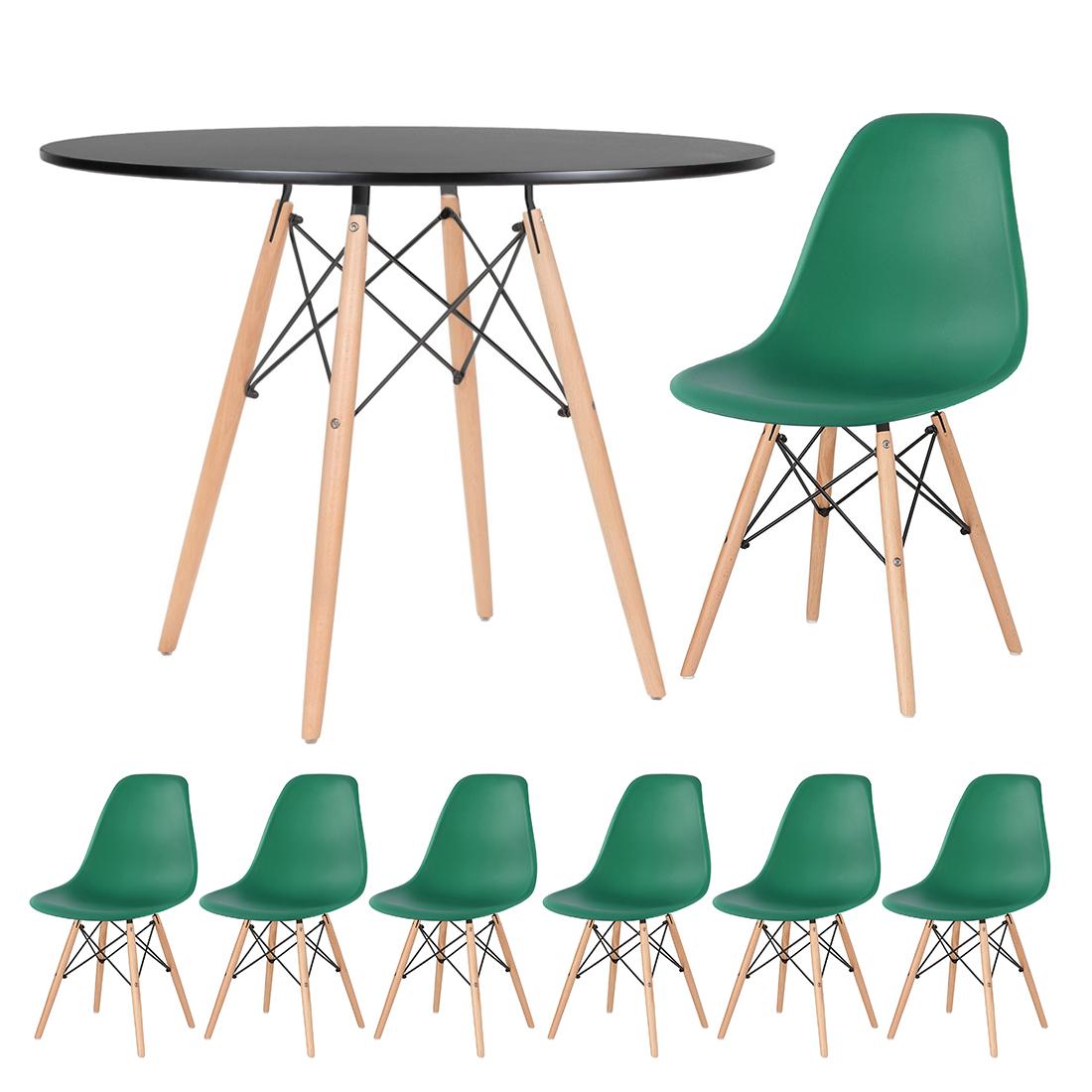 Mesa preto com cadeiras verde escuro