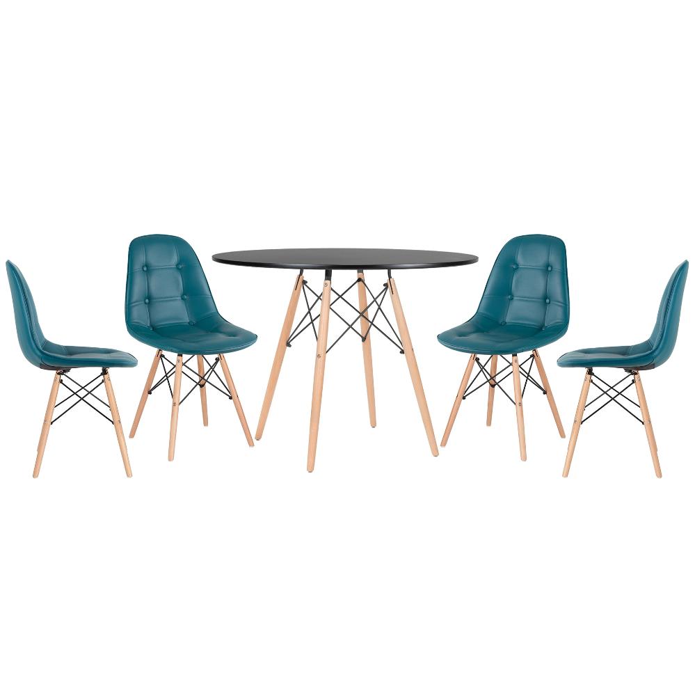 Mesa preto com cadeiras turquesa