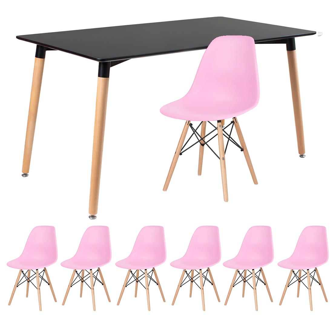 Mesa preto com cadeiras rosa