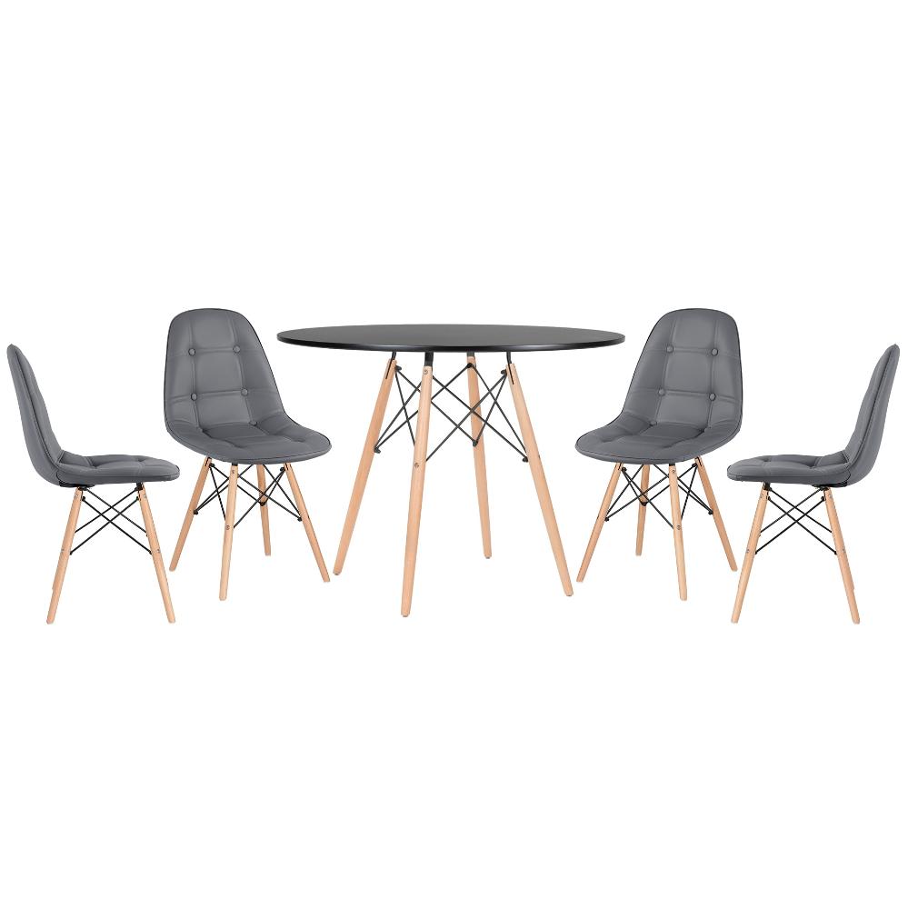 Mesa preto com cadeiras cinza escuro