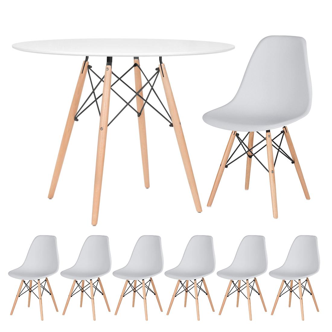 Mesa branco com cadeiras cinza claro