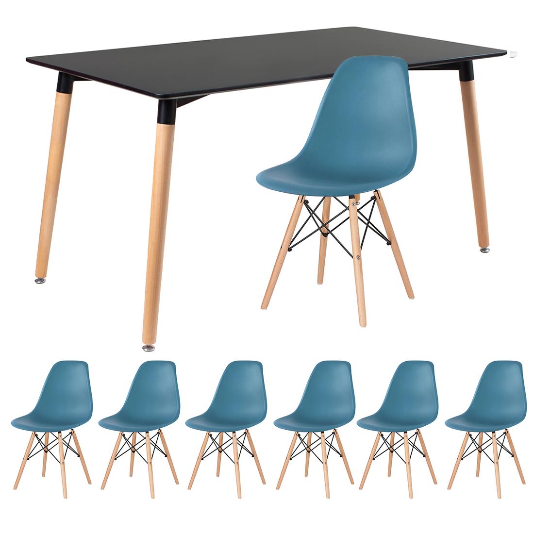 Mesa preto com cadeiras turquesa