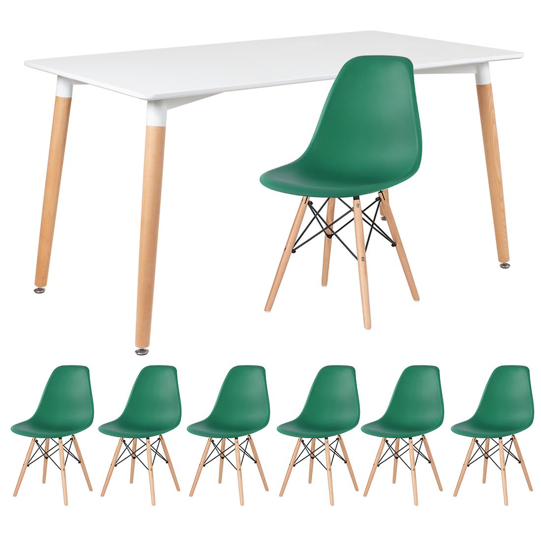 Mesa branco com cadeiras verde escuro