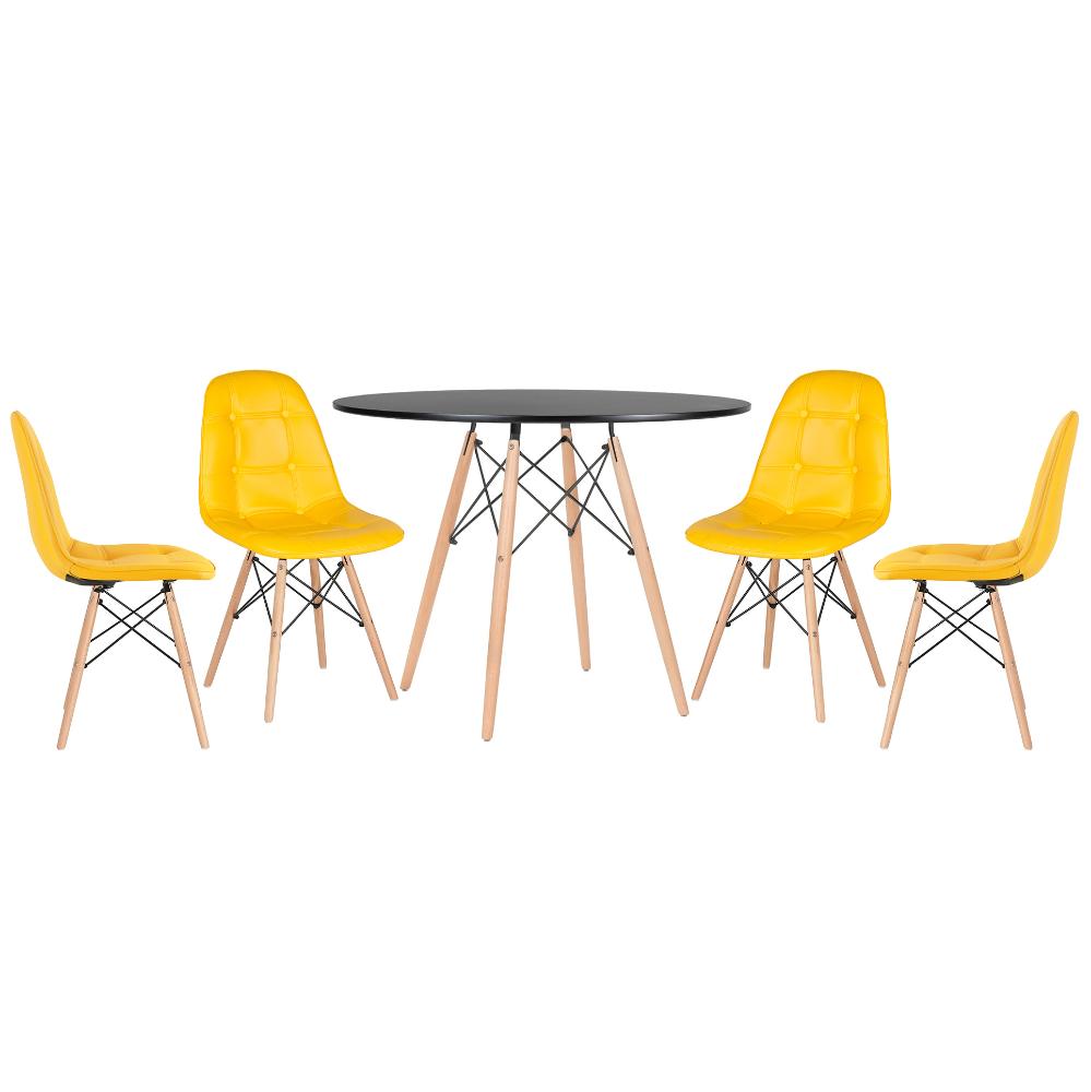 Mesa preto com cadeiras amarelo
