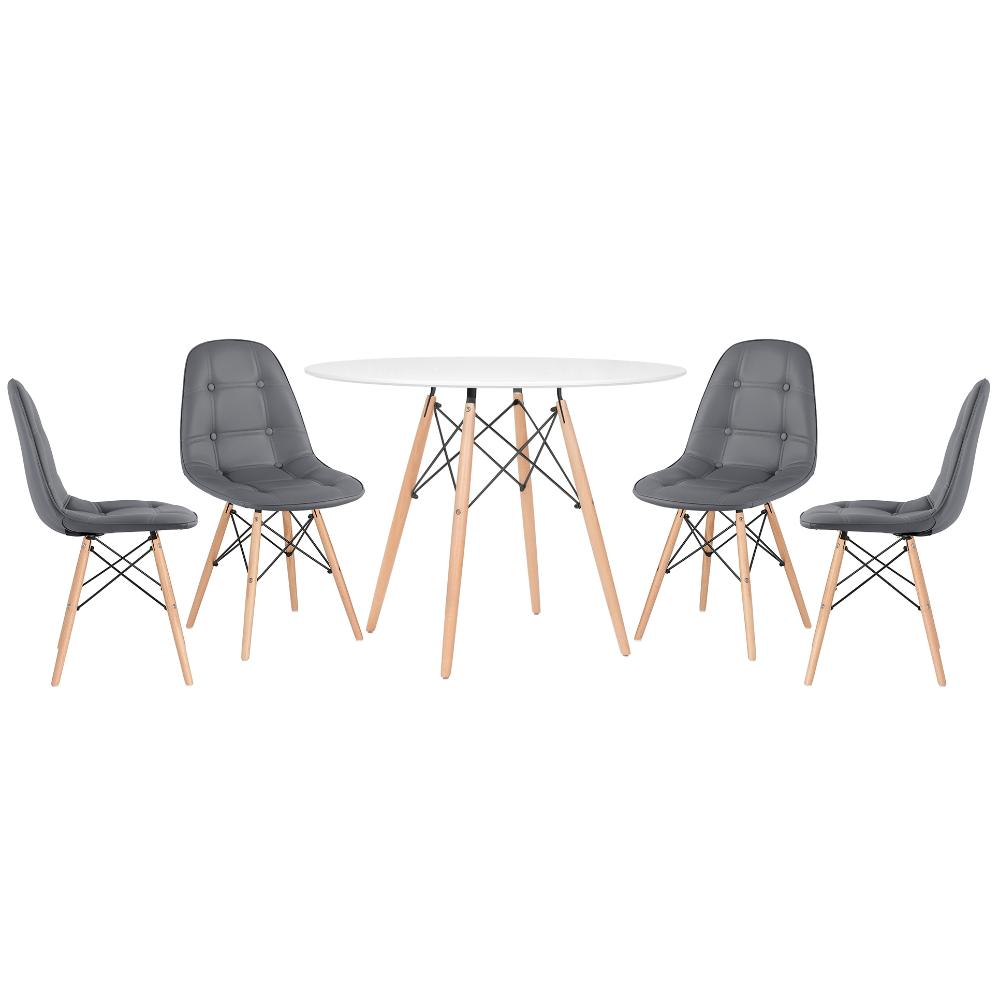 Mesa branco com cadeiras cinza escuro