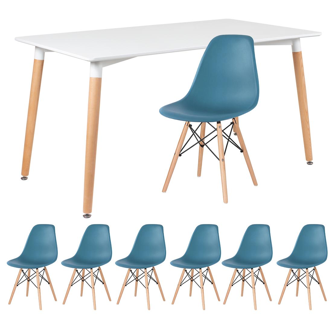 Mesa branco com cadeiras turquesa