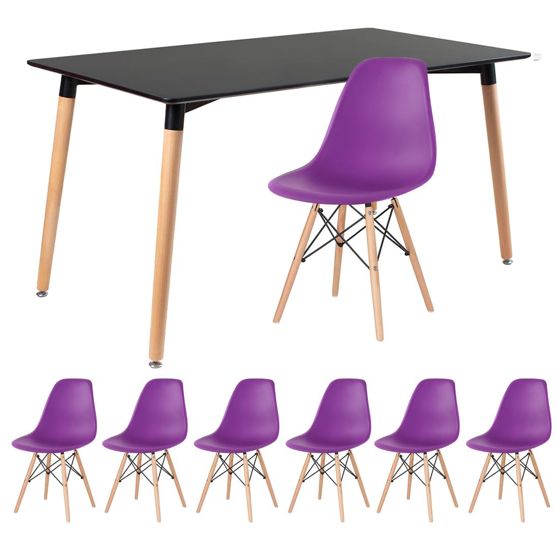 Mesa preto com cadeiras roxo