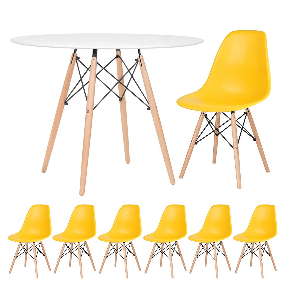 Mesa branco com cadeiras amarelo