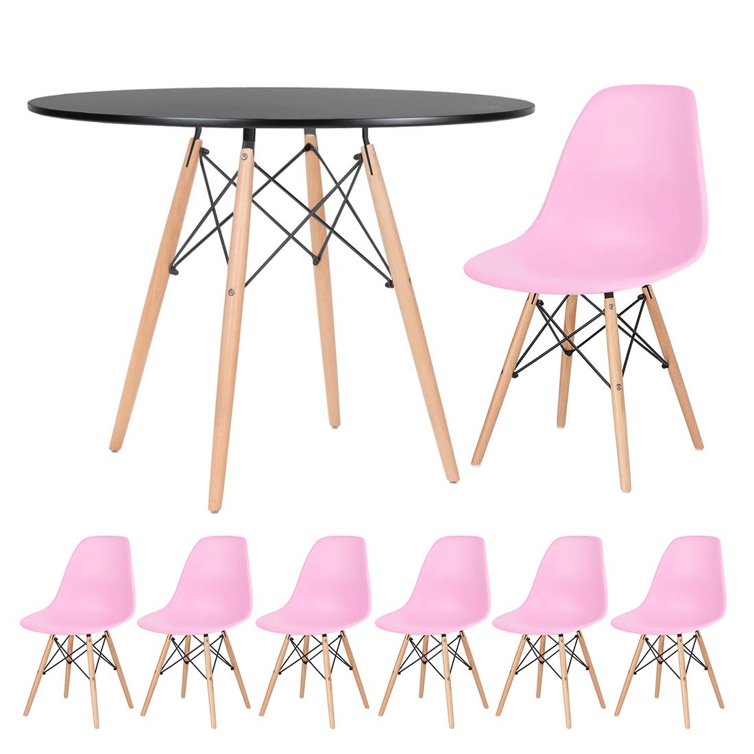 Mesa preto com cadeiras rosa