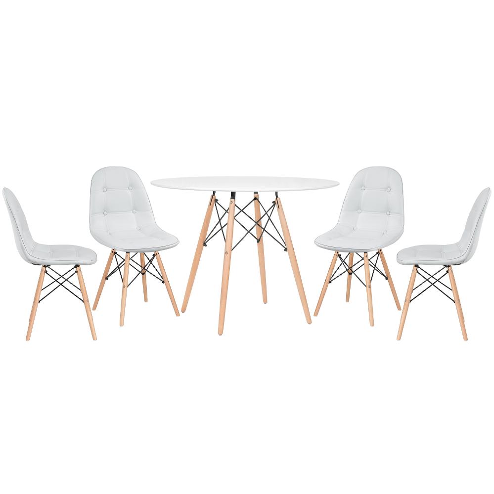 Mesa branco com cadeiras cinza claro