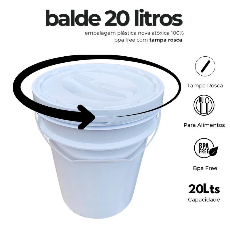 Balde Para Arroz 20l Alça Plástica E Tampa Rosca - Kit 5 Pçs