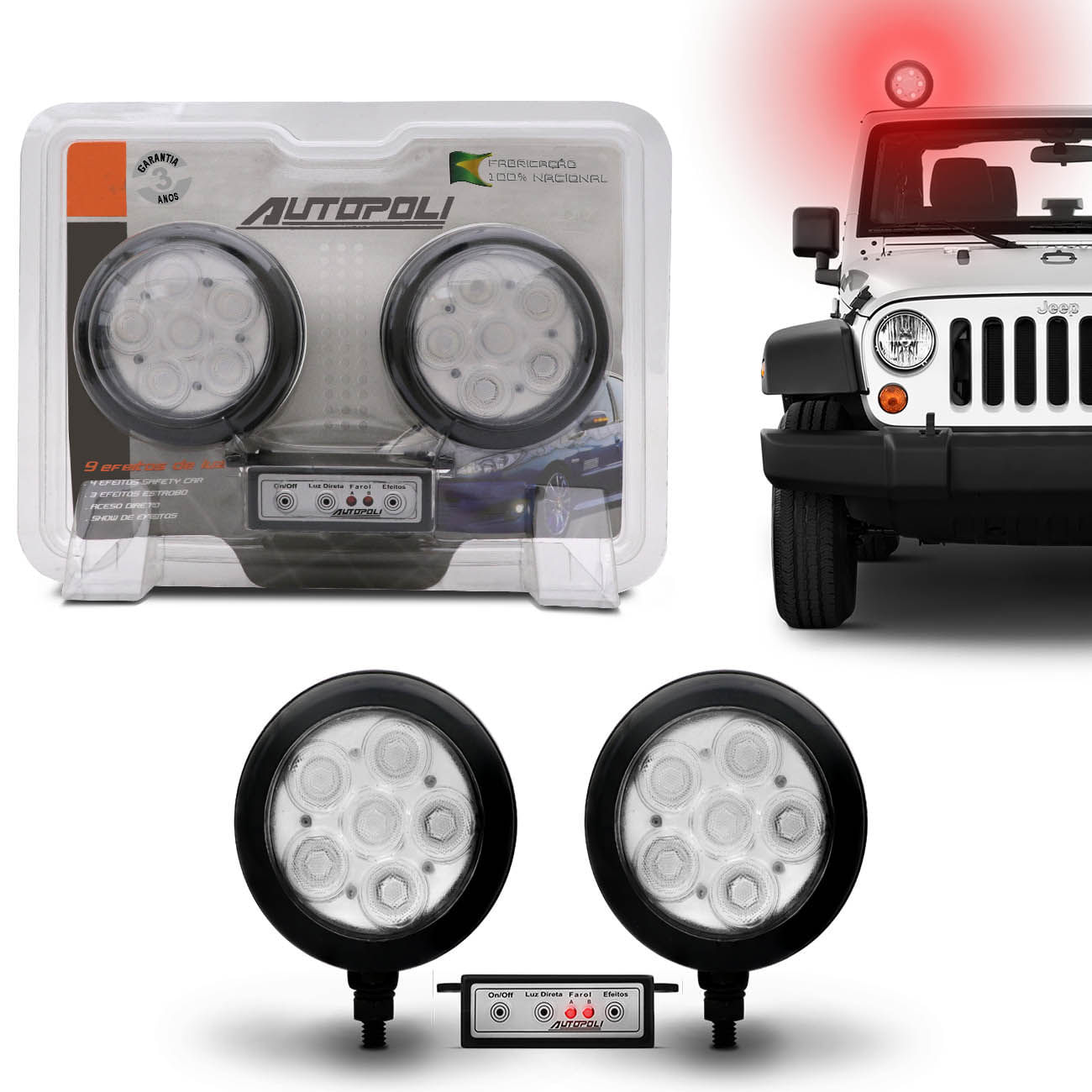 Kit Farol Milha Auxiliar Redondo 3 Em 1 Slim Universal 6 Leds 12V 24V Vermelho Com Módulo Controle