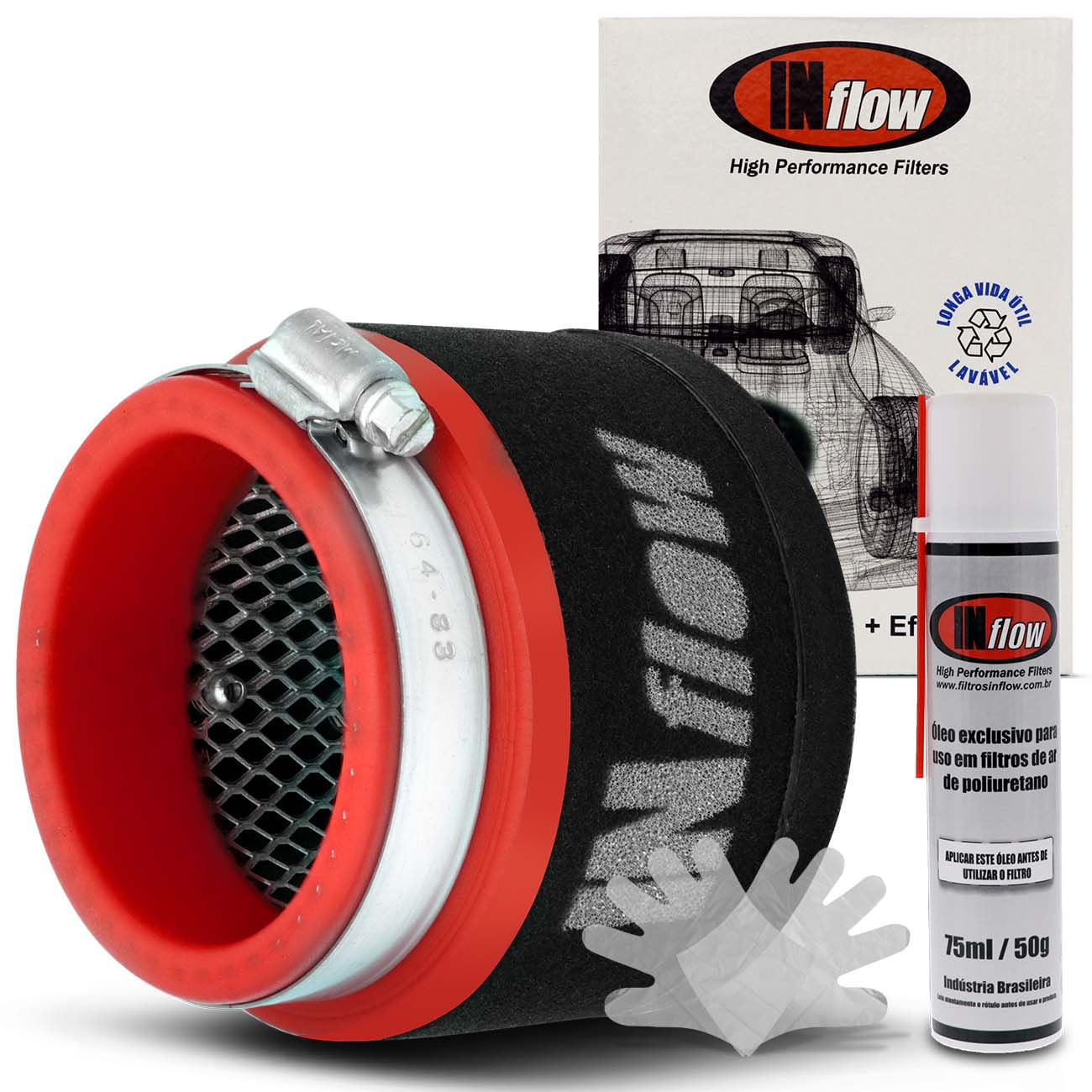 Filtro De Ar Esportivo Inflow Duplo Fluxo Cilindrico Universal 80Mm 2,75 Polegadas Hpf9904