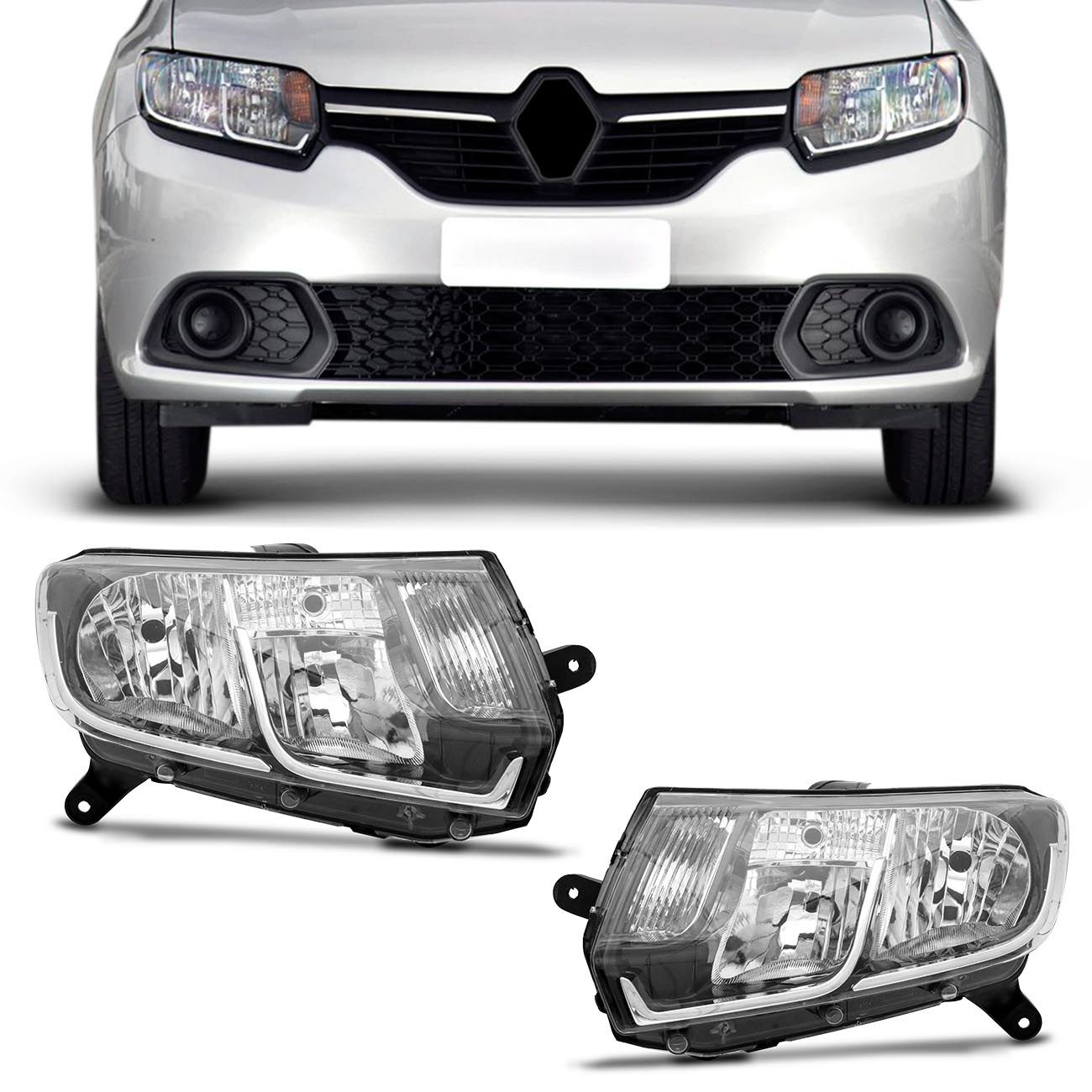 Farol Logan Sandero 2015 2016 2017 2018 2019 Foco Duplo Máscara Negra - Lado Esquerdo Motorista