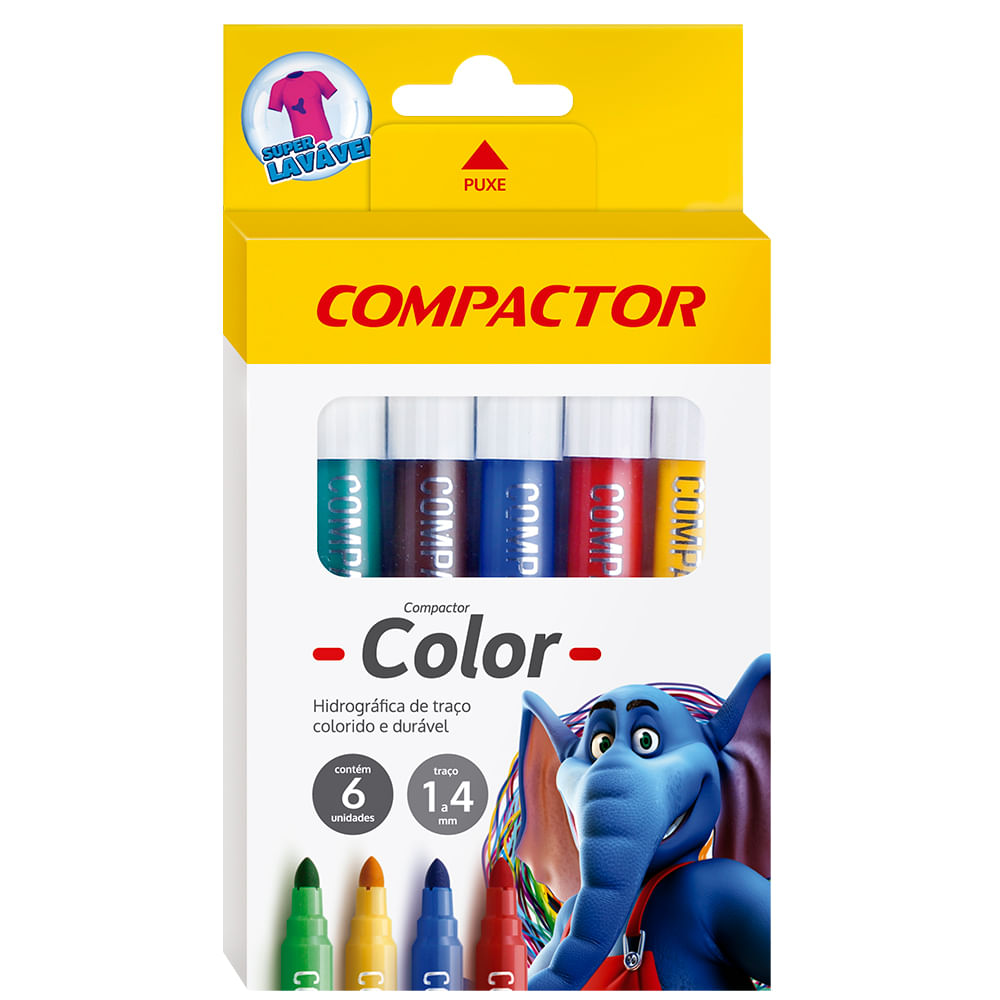 Caneta Hidrográica Compactor Color Blister C/ 6 Cores. Super Lavável.